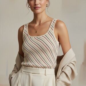 ST. JOHN Diagonal Broken Stripes Knit Tank Top Size M Cream Old Money Luxury USA